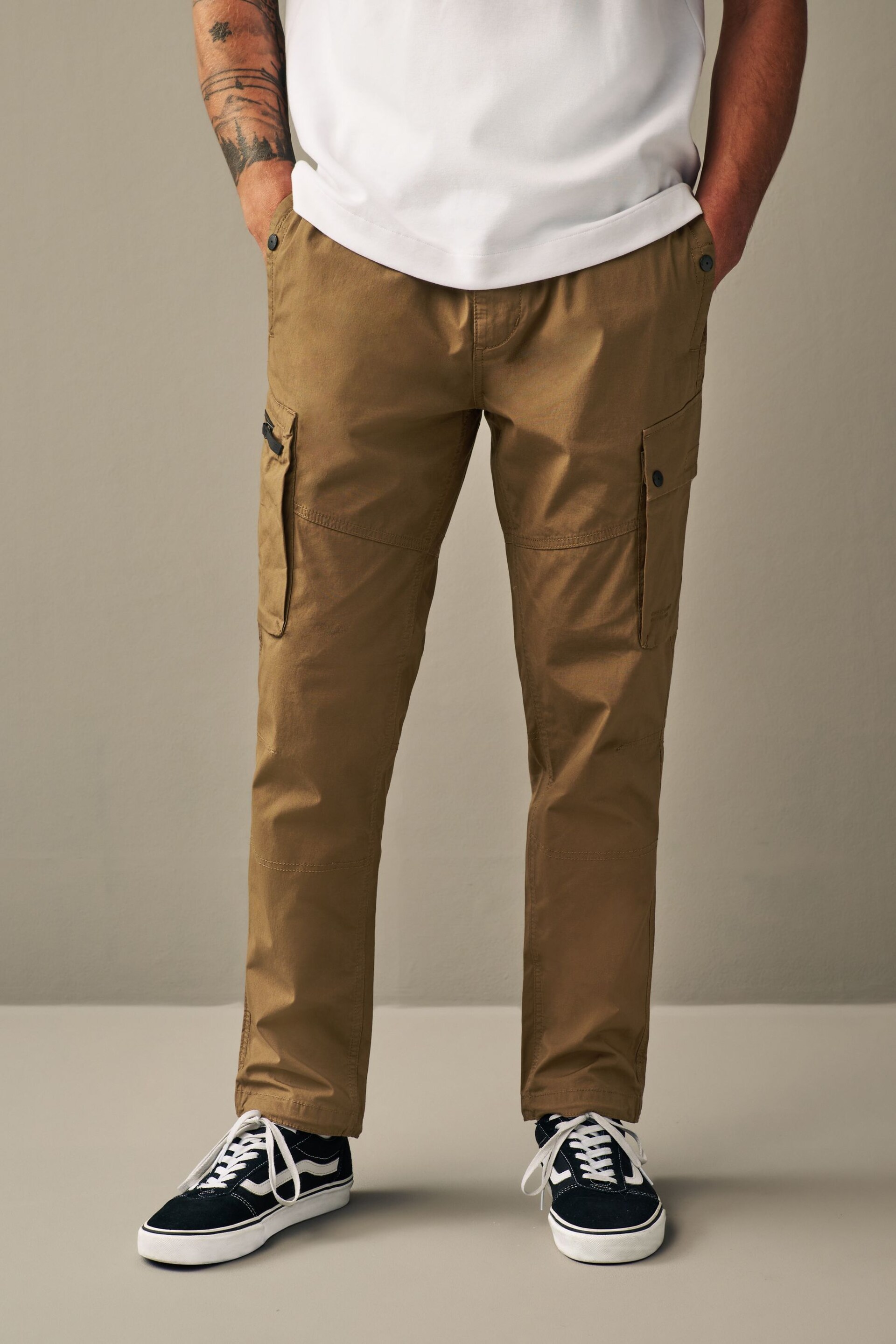 Tan Brown Slim Lightweight Stretch Cargo Utility Trousers - Image 1 of 15