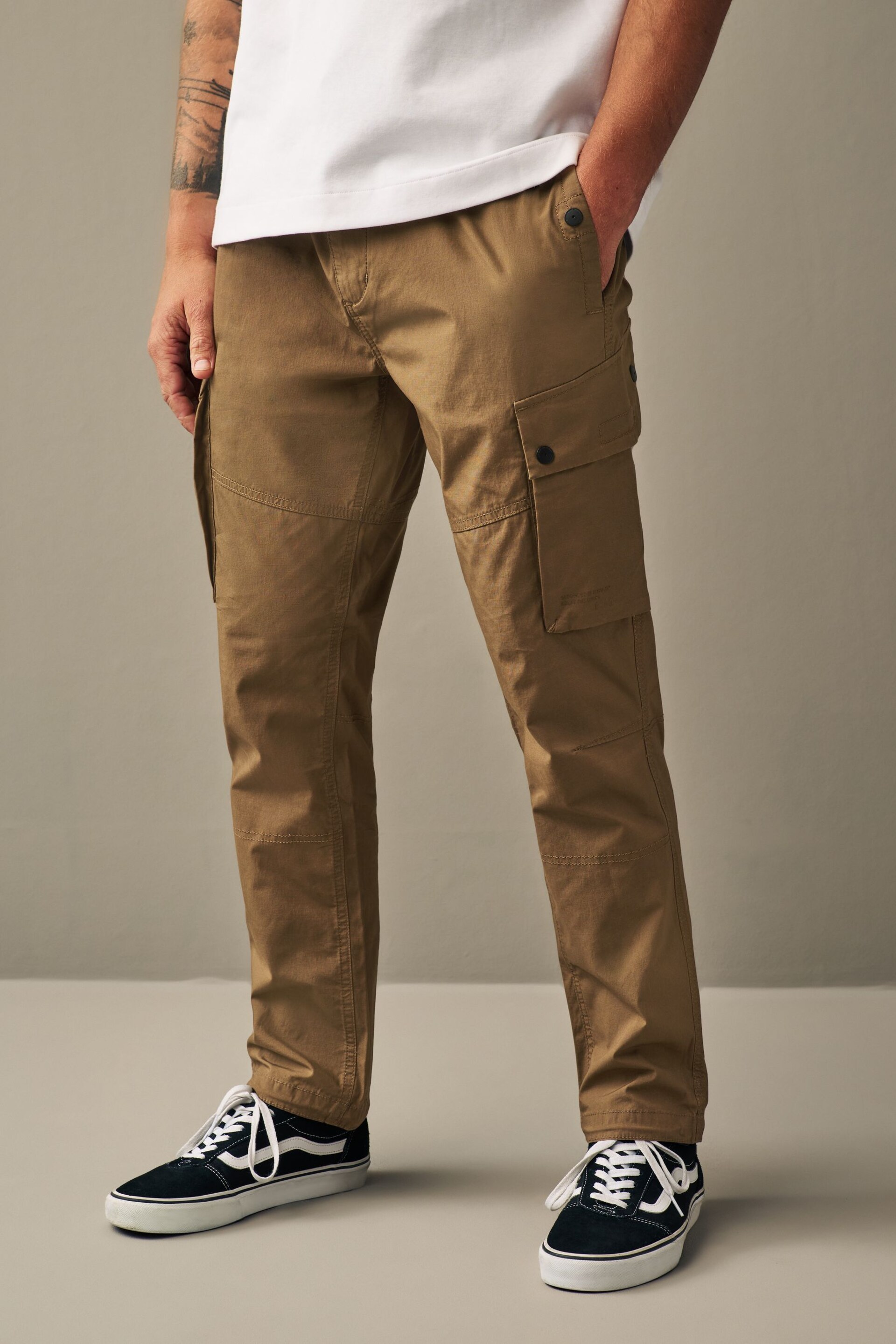 Tan Brown Slim Lightweight Stretch Cargo Utility Trousers - Image 4 of 15