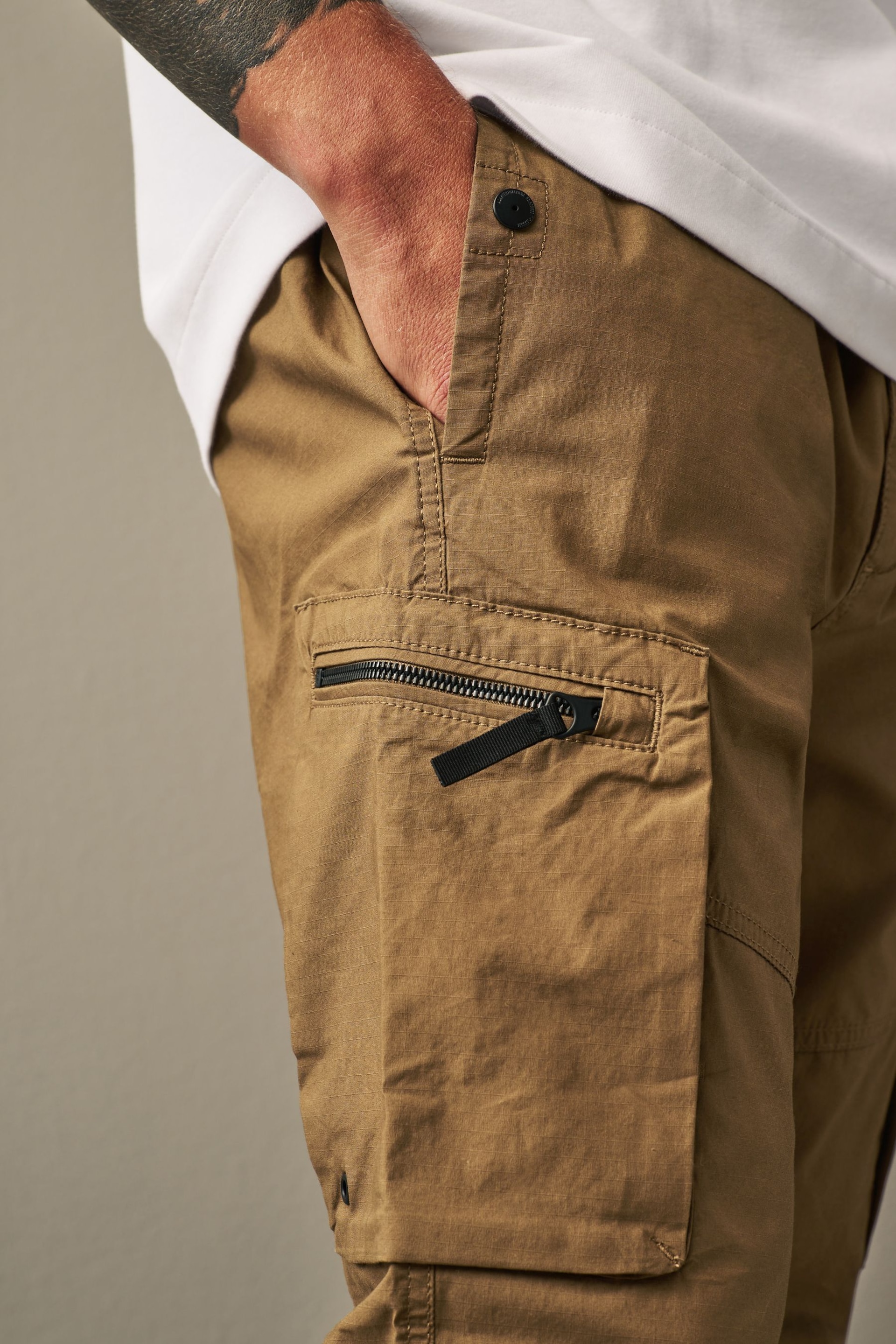 Tan Brown Slim Lightweight Stretch Cargo Utility Trousers - Image 8 of 15