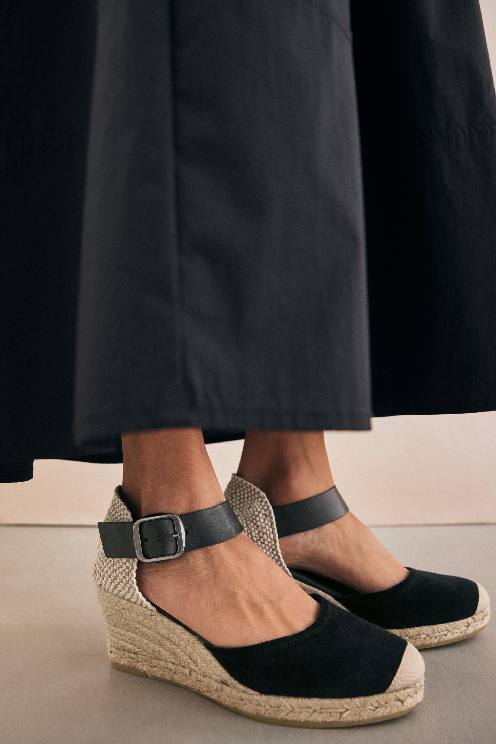 Black Forever Comfort® Leather Espadrille Buckle Wedges - Image 3 of 8