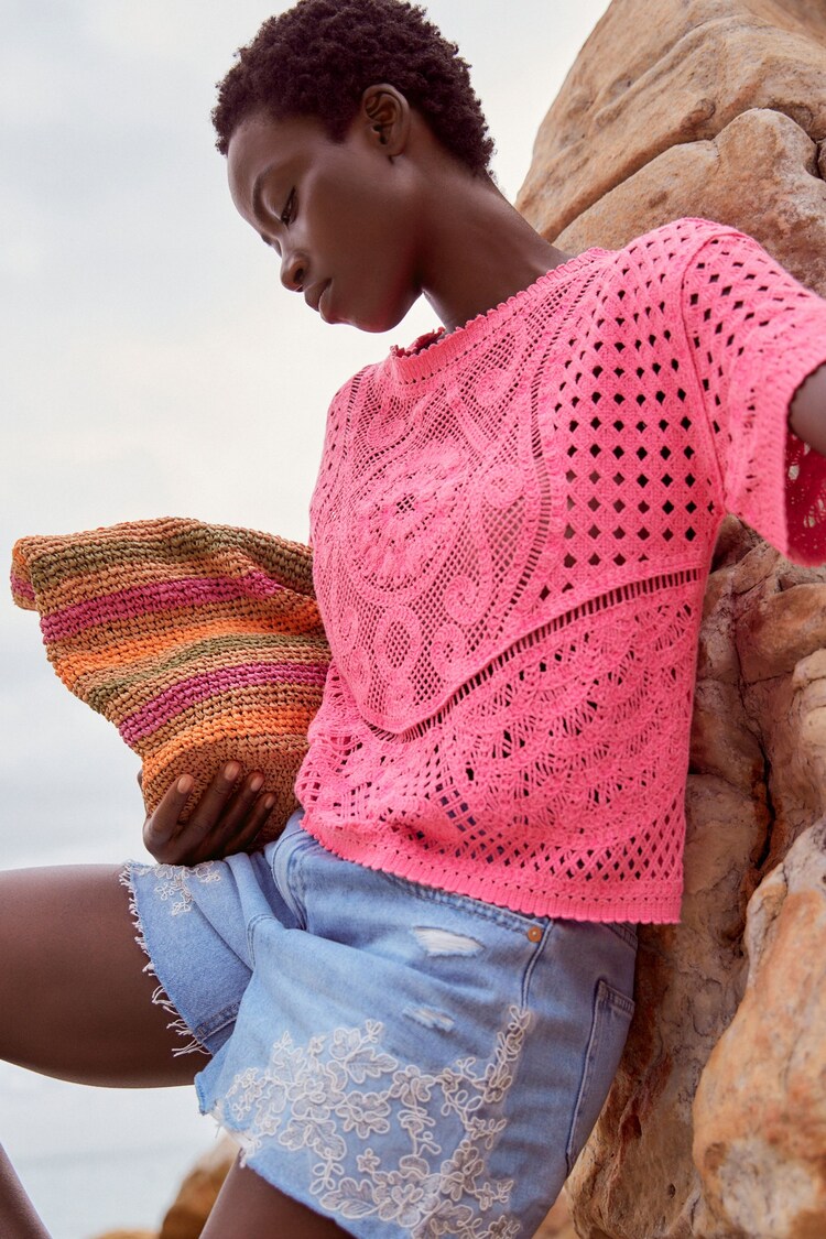 Fluro Pink Short Sleeve Crochet Crew Neck T-Shirt - Image 3 of 7