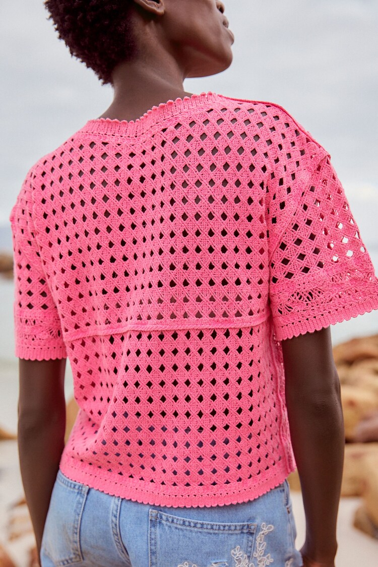 Fluro Pink Short Sleeve Crochet Crew Neck T-Shirt - Image 4 of 7