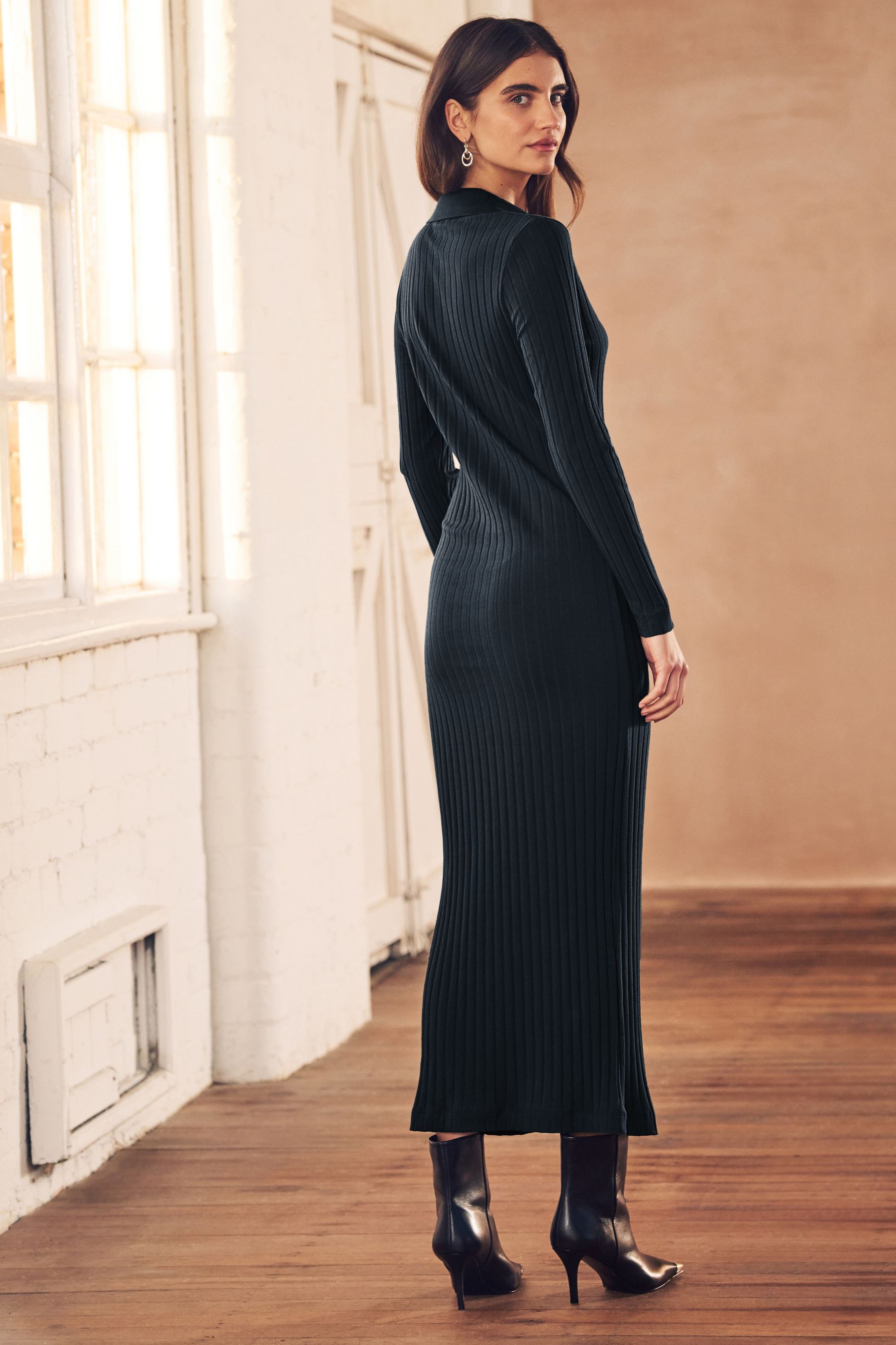 Buy Navy Blue Long Sleeve Rib Midi Dress from Next Luxembourg