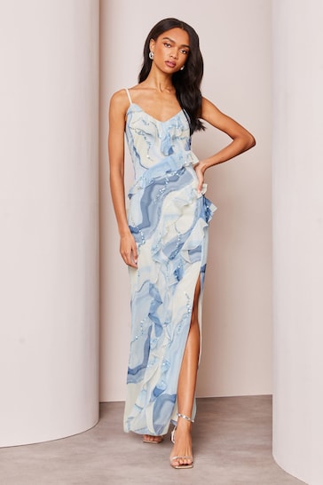 Lipsy Blue Print Sequin Ruffle Cami Summer Maxi Dress
