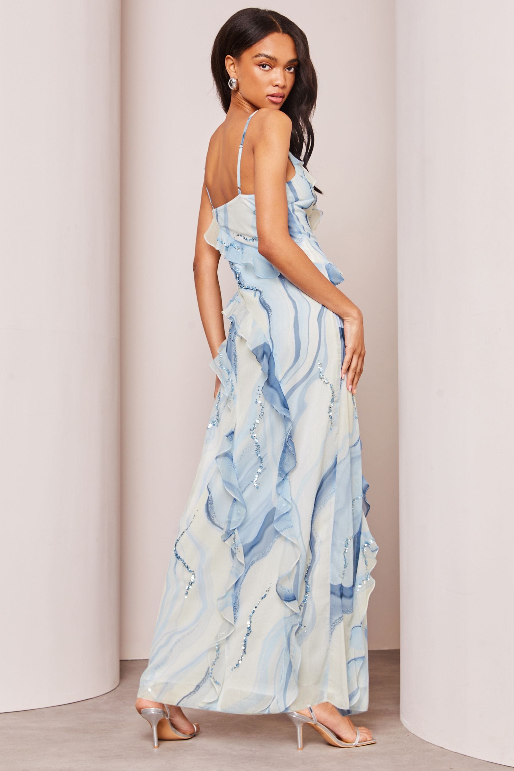 Buy Lipsy Blue Print Sequin Ruffle Cami Summer Maxi Dress from Next Luxembourg