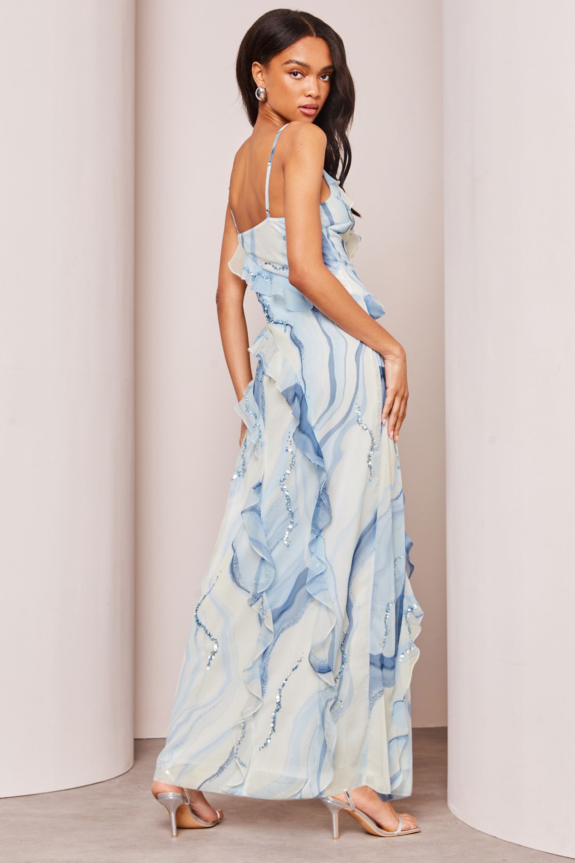 Lipsy Blue Print Sequin Ruffle Cami Summer Maxi Dress - Image 2 of 4