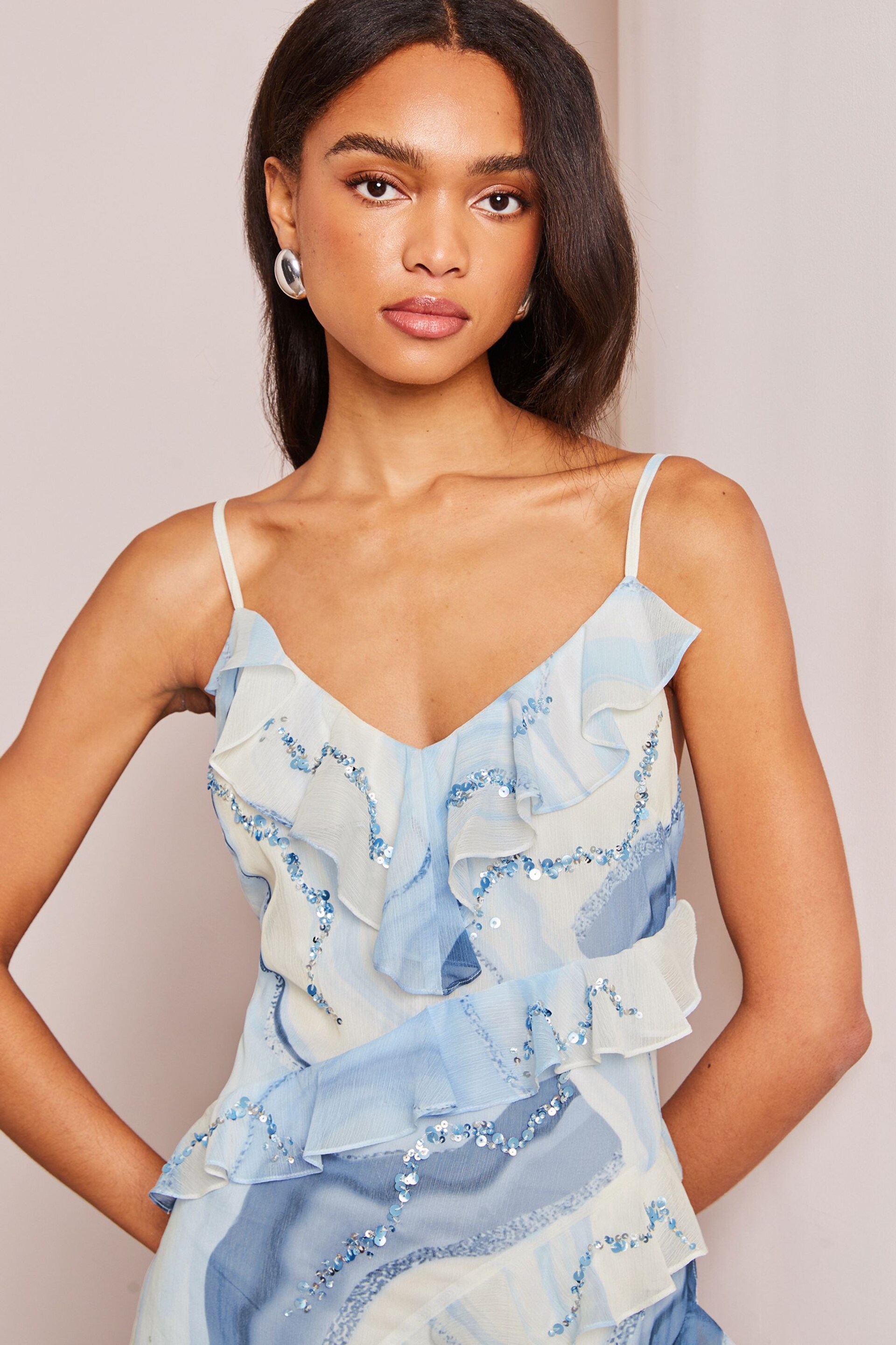 Lipsy Blue Print Sequin Ruffle Cami Summer Maxi Dress - Image 4 of 4