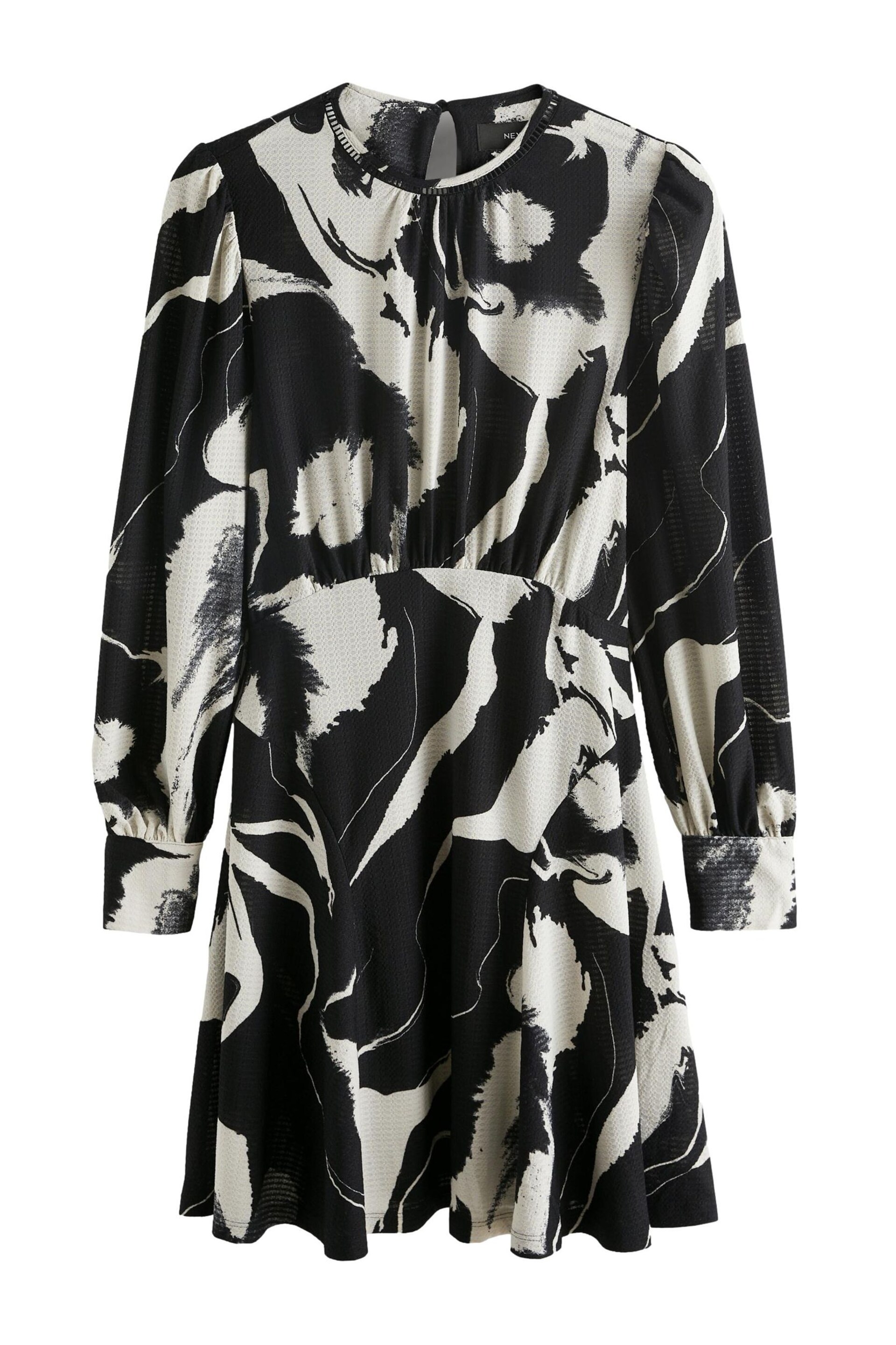 Black/White Mono Floral Long Sleeve Mini Dress - Image 5 of 6