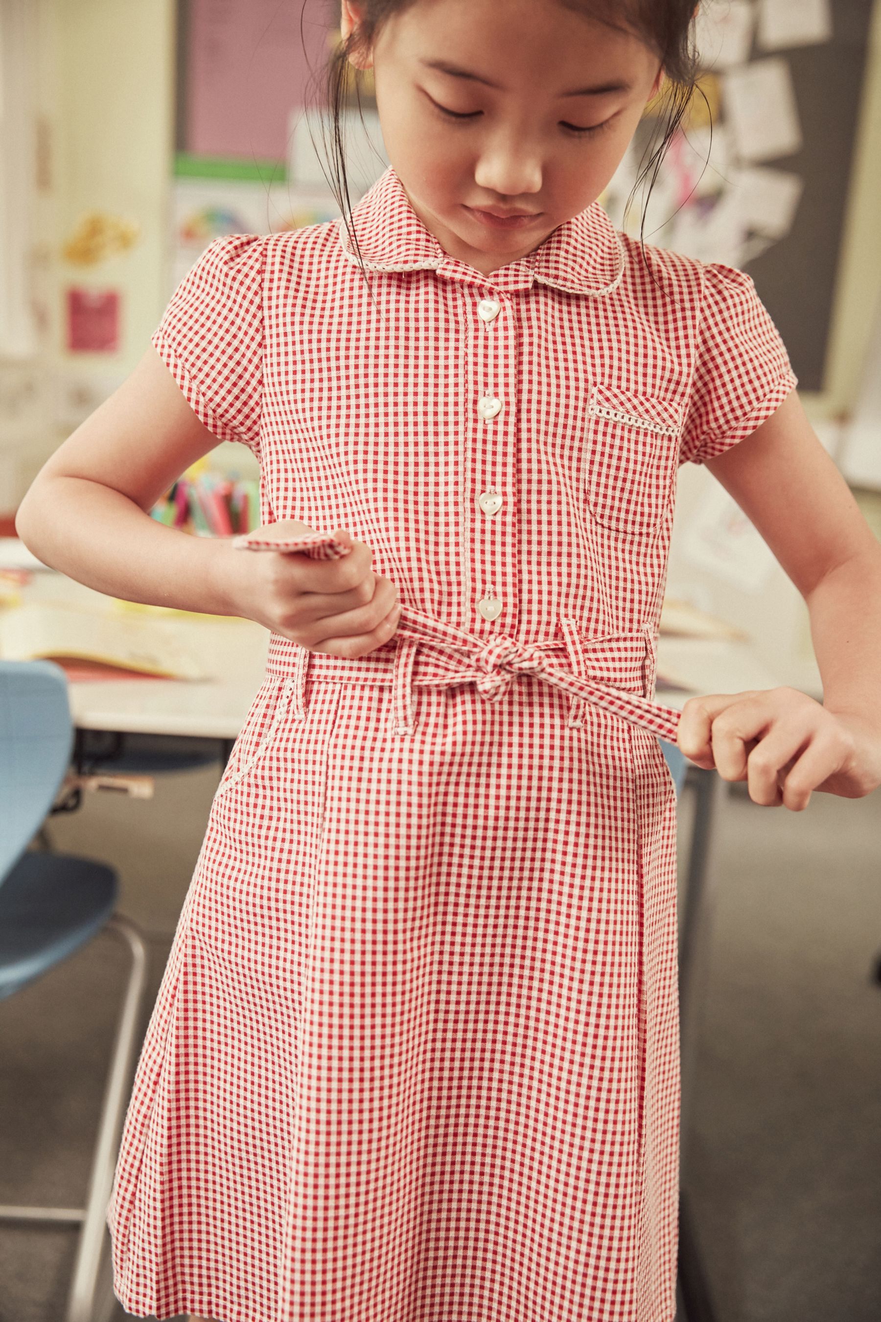 Red Cotton Rich Belted Gingham School Dress With Scrunchie 3 14yrs