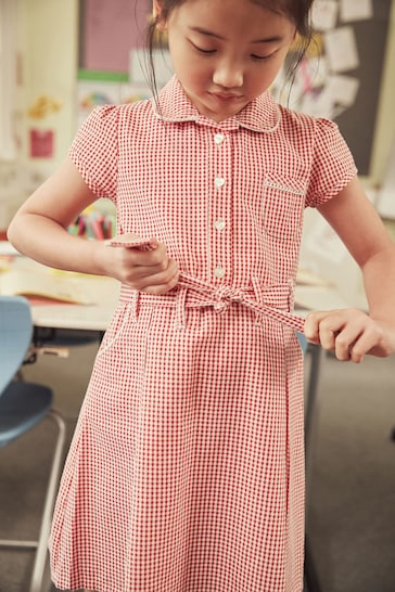 Red Cotton Rich Belted Gingham School Dress With Scrunchie (3-14yrs)