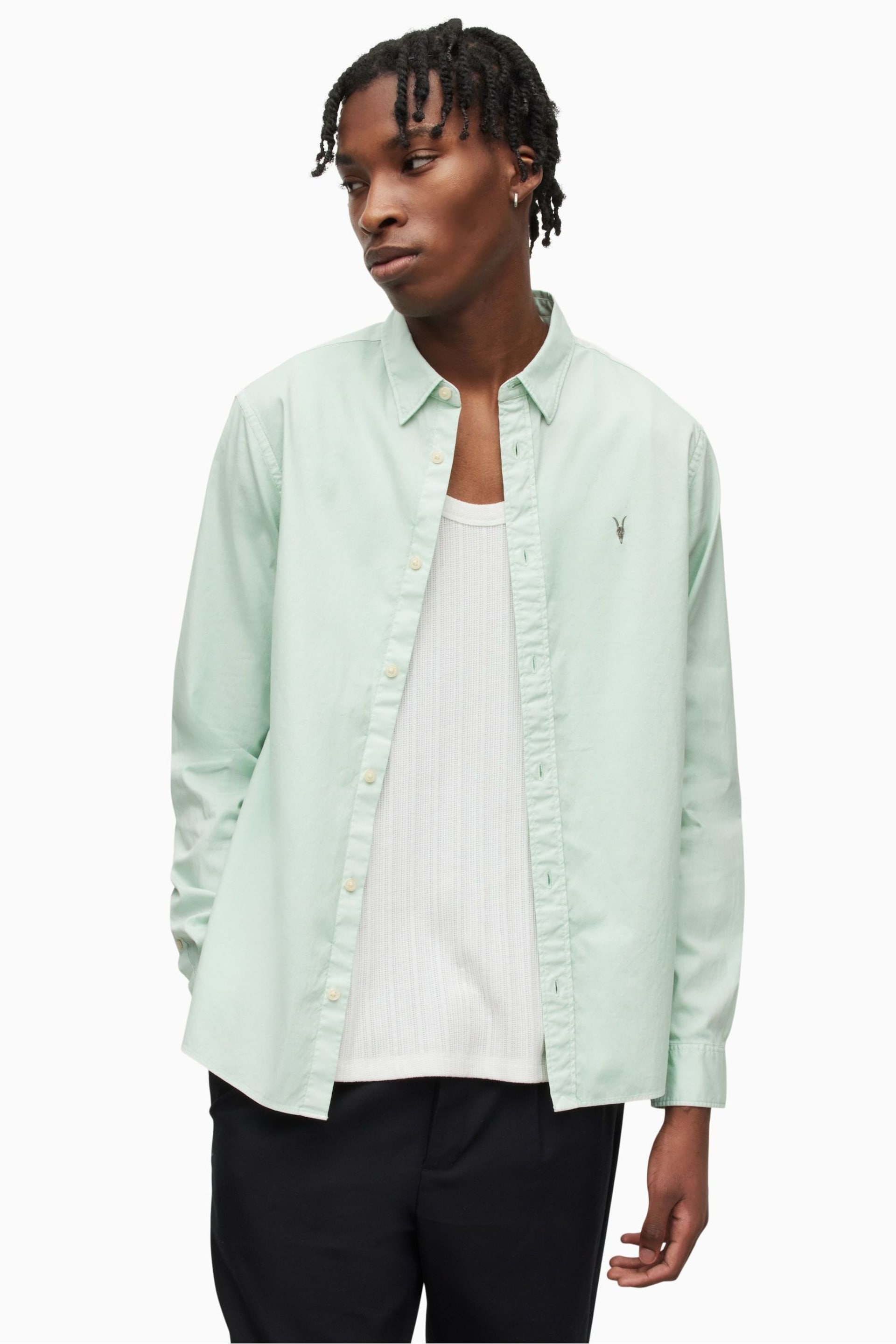 AllSaints Green Hawthorne Long Sleeved Shirt - Image 1 of 5