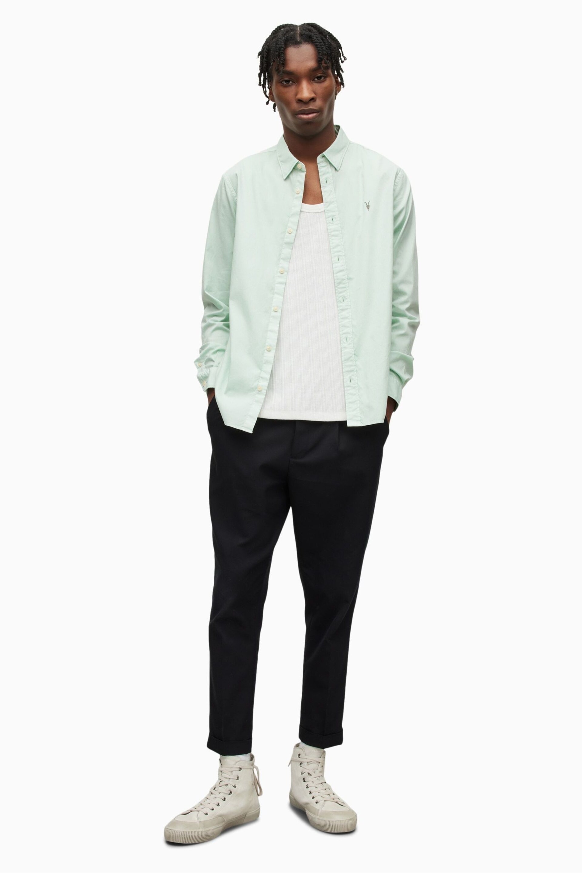 AllSaints Green Hawthorne Long Sleeved Shirt - Image 3 of 5