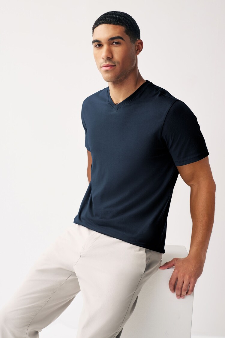 Buy Navy Blue Regular Fit 100% Cotton Essential V-Neck T-Shirt from the ...