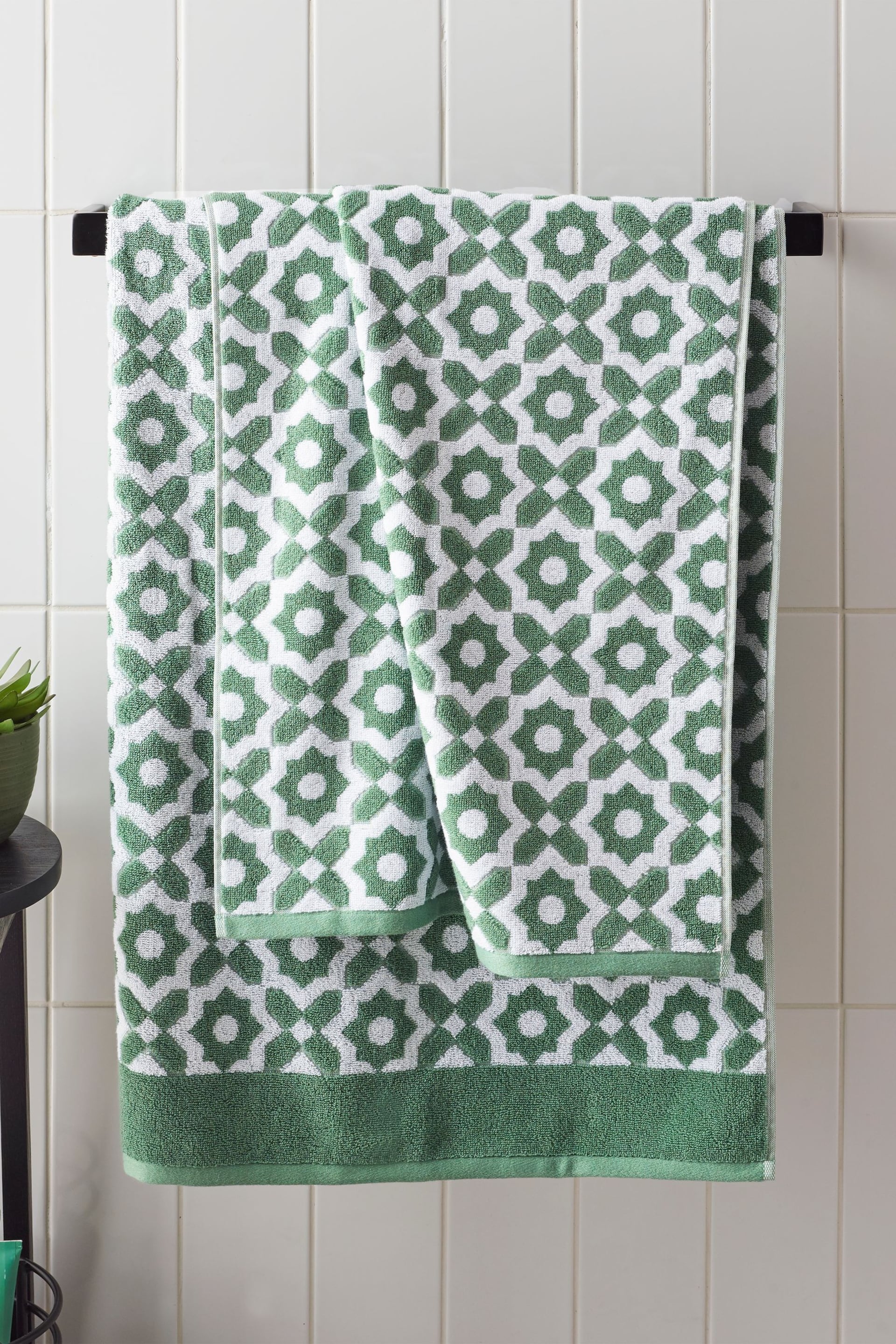 Green Tile Geo Towel 100% Cotton - Image 1 of 4