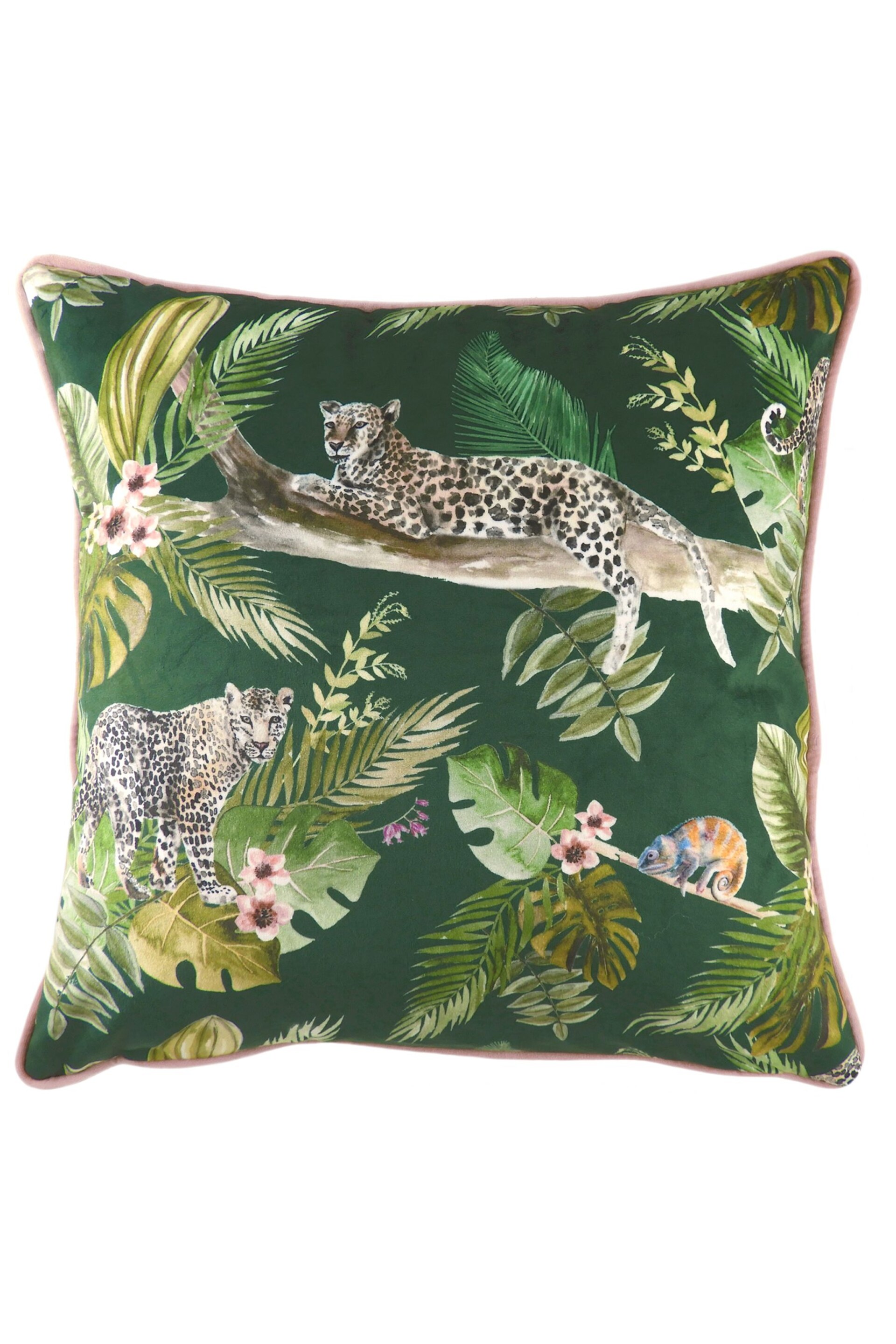 Evans Lichfield Green Jungle Leopard Velvet Polyester Filled Cushion - Image 1 of 2