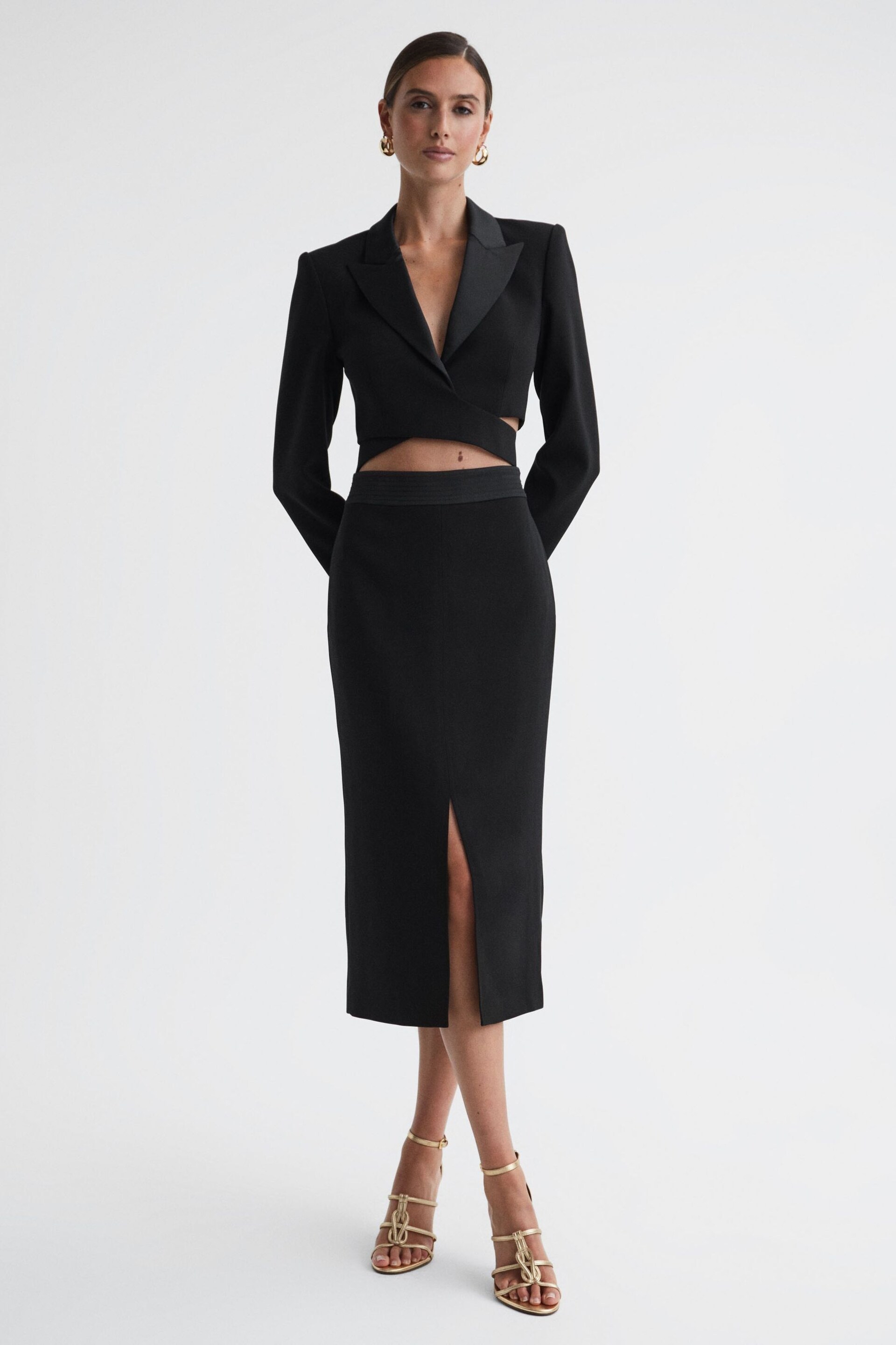 Reiss Black Quinn Satin Cropped Tux Top - Image 1 of 4