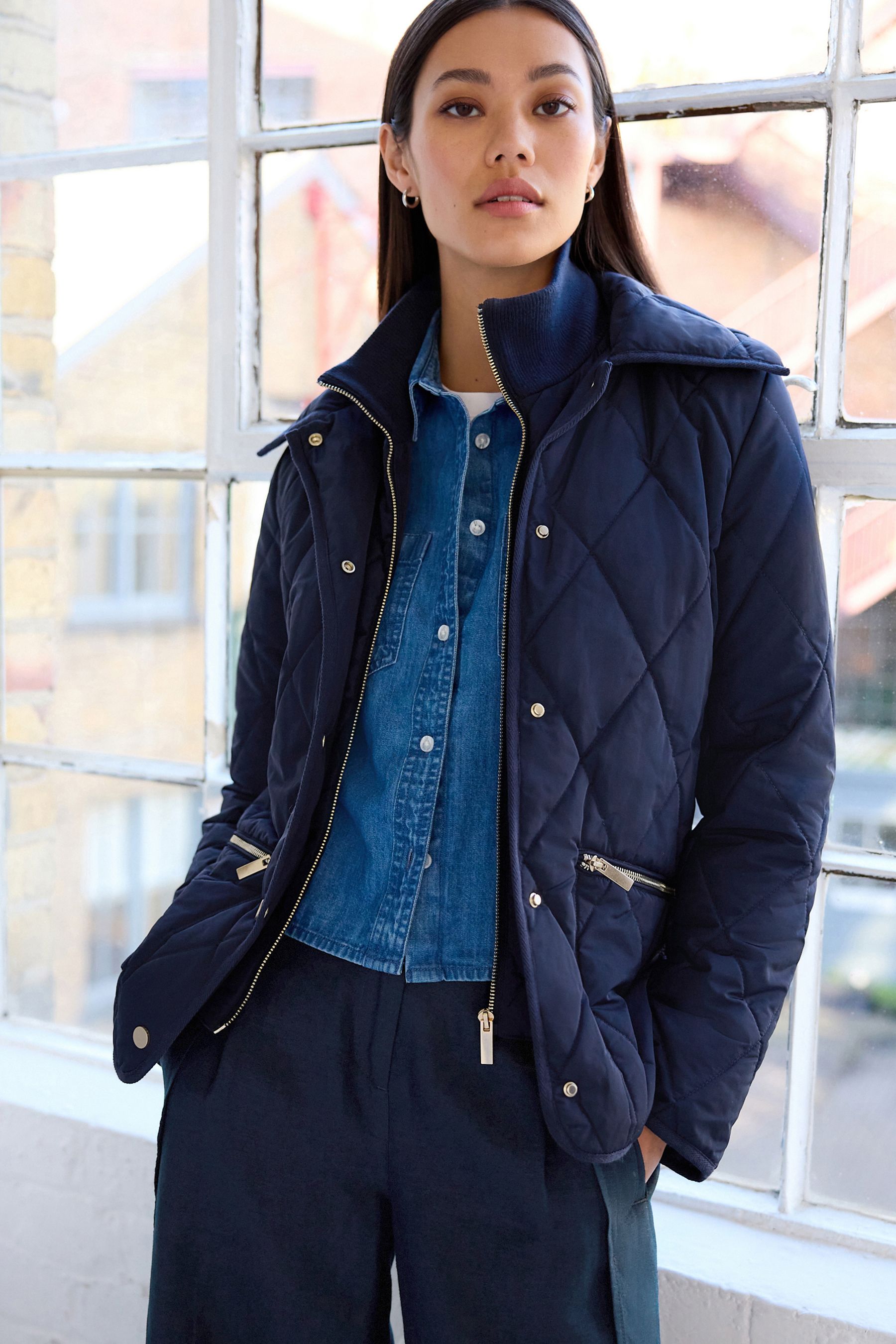 Navy blue quilted jacket ladies best sale