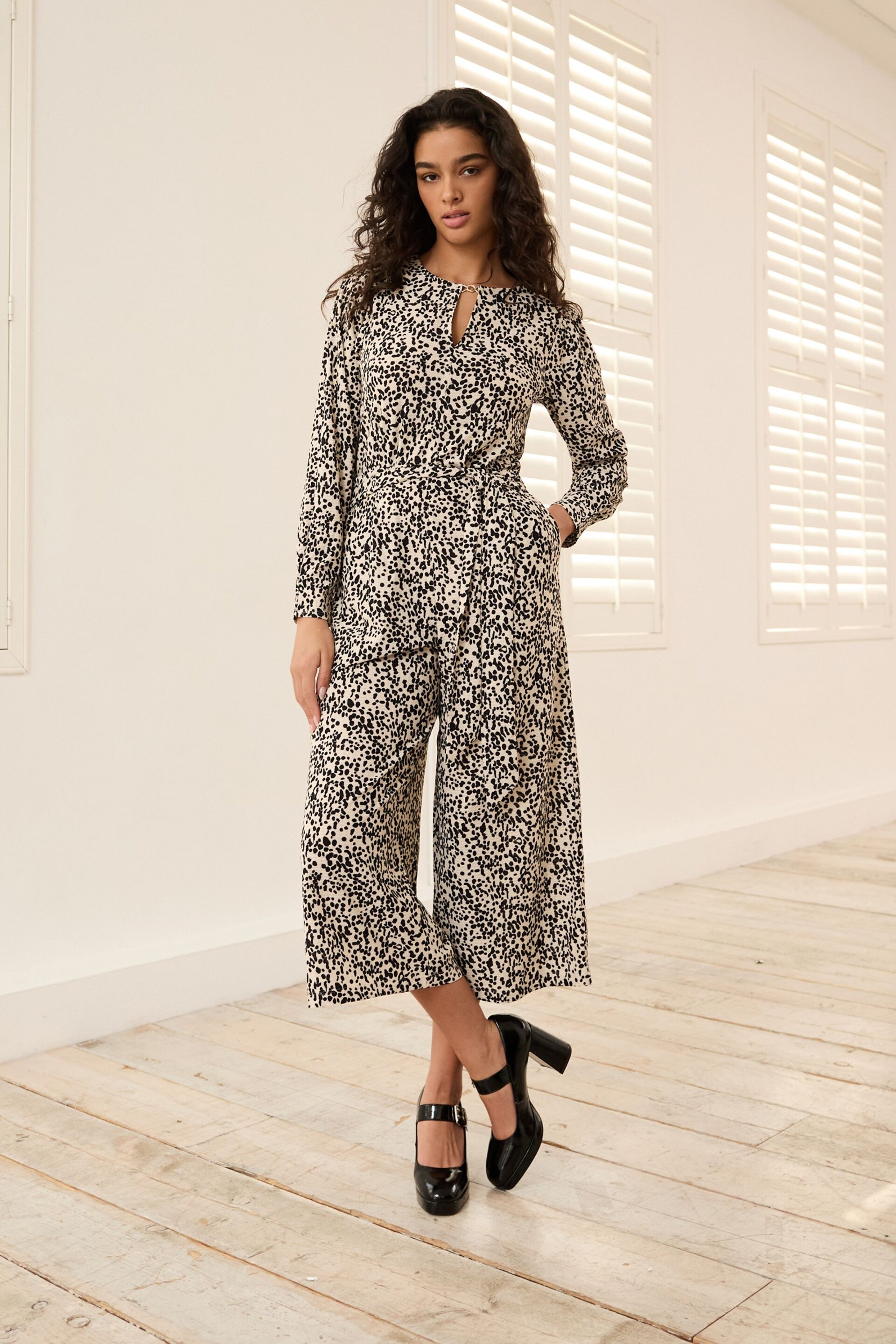 Mono Animal Print Long Sleeve Belted Jumpsuit - Image 1 of 6