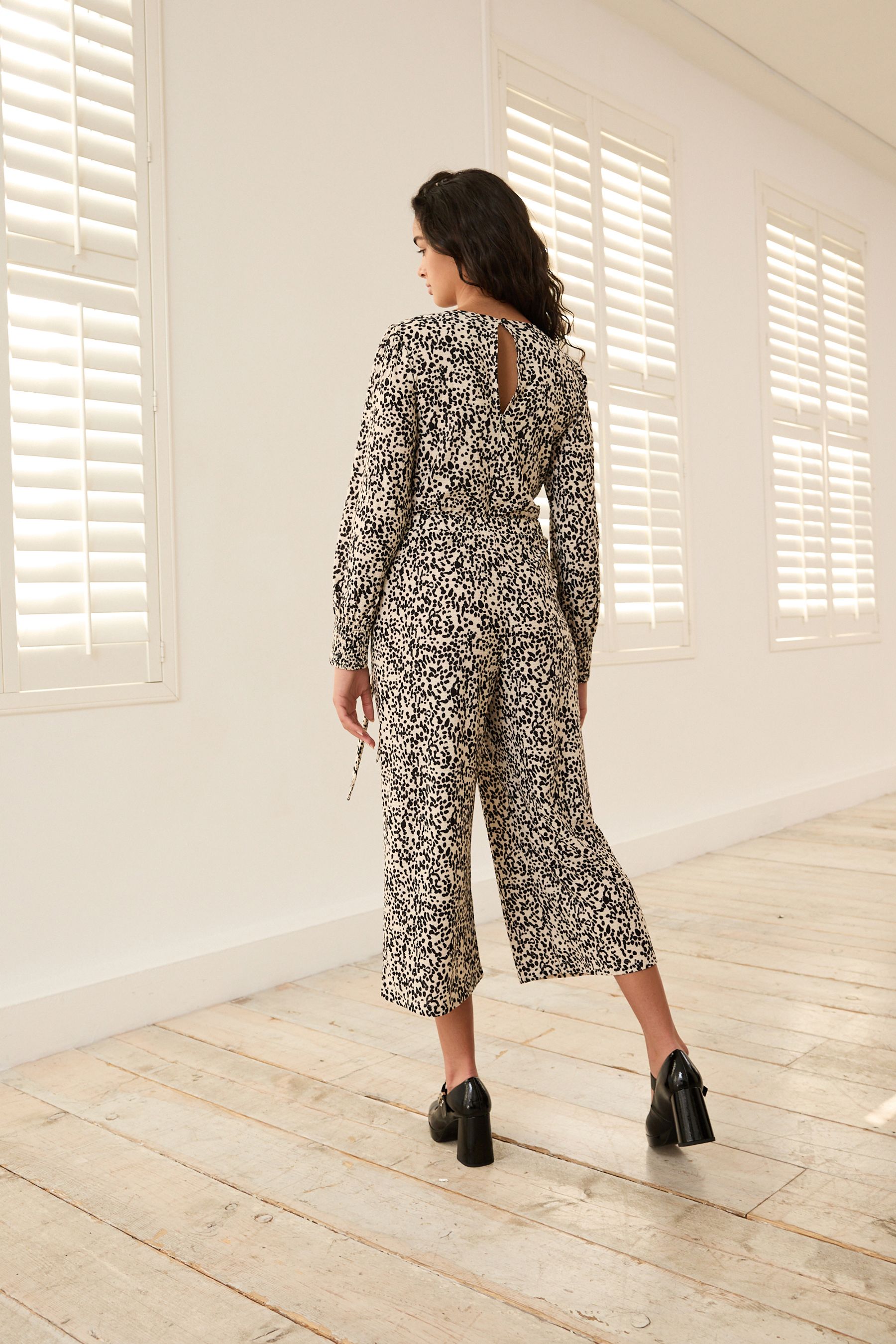 Buy Mono Animal Print Long Sleeve Belted Jumpsuit from Next Luxembourg