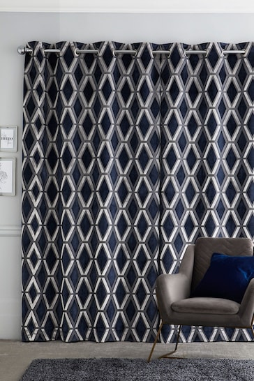 Navy Blue Collection Luxe Heavyweight Geometric Cut Velvet Made To Measure Curtains