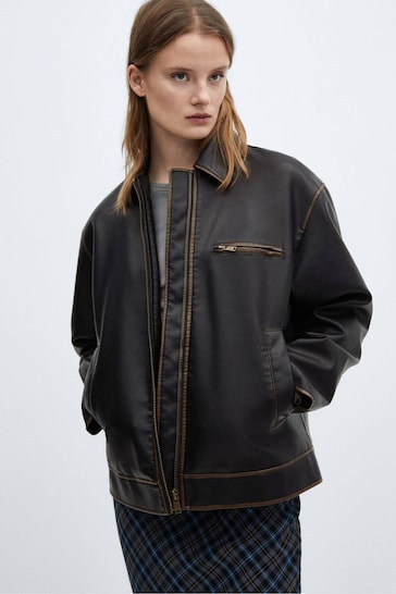 Mango Worn-Effect Leather Jacket