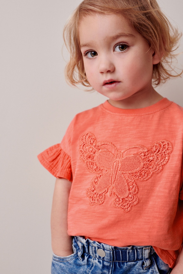 Coral Pink Crochet Butterfly 100% Cotton T-Shirt (3mths-7yrs) - Image 1 of 7