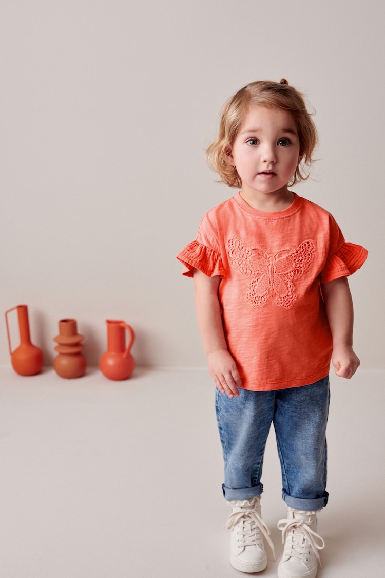 Coral Pink Crochet Butterfly 100% Cotton T-Shirt (3mths-7yrs) - Image 2 of 7