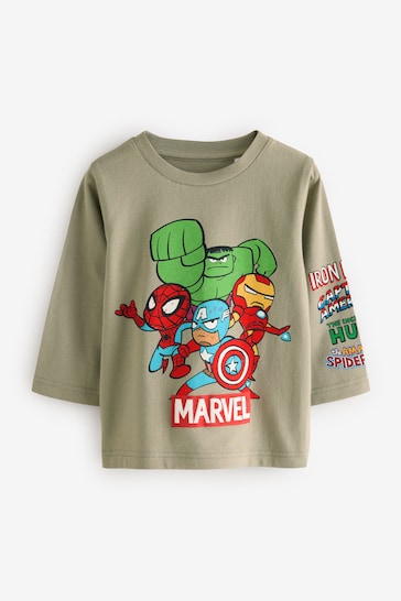 Khaki Green Marvel Long Sleeve 100% Cotton T-Shirt (3mths-8yrs)