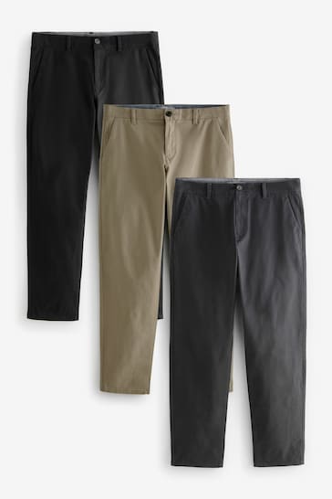 Black/Grey/Stone Straight Stretch Chinos Trousers 3 Pack