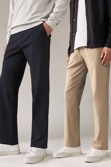 Navy Blue/Stone Straight Stretch Chinos Trousers 2 Pack