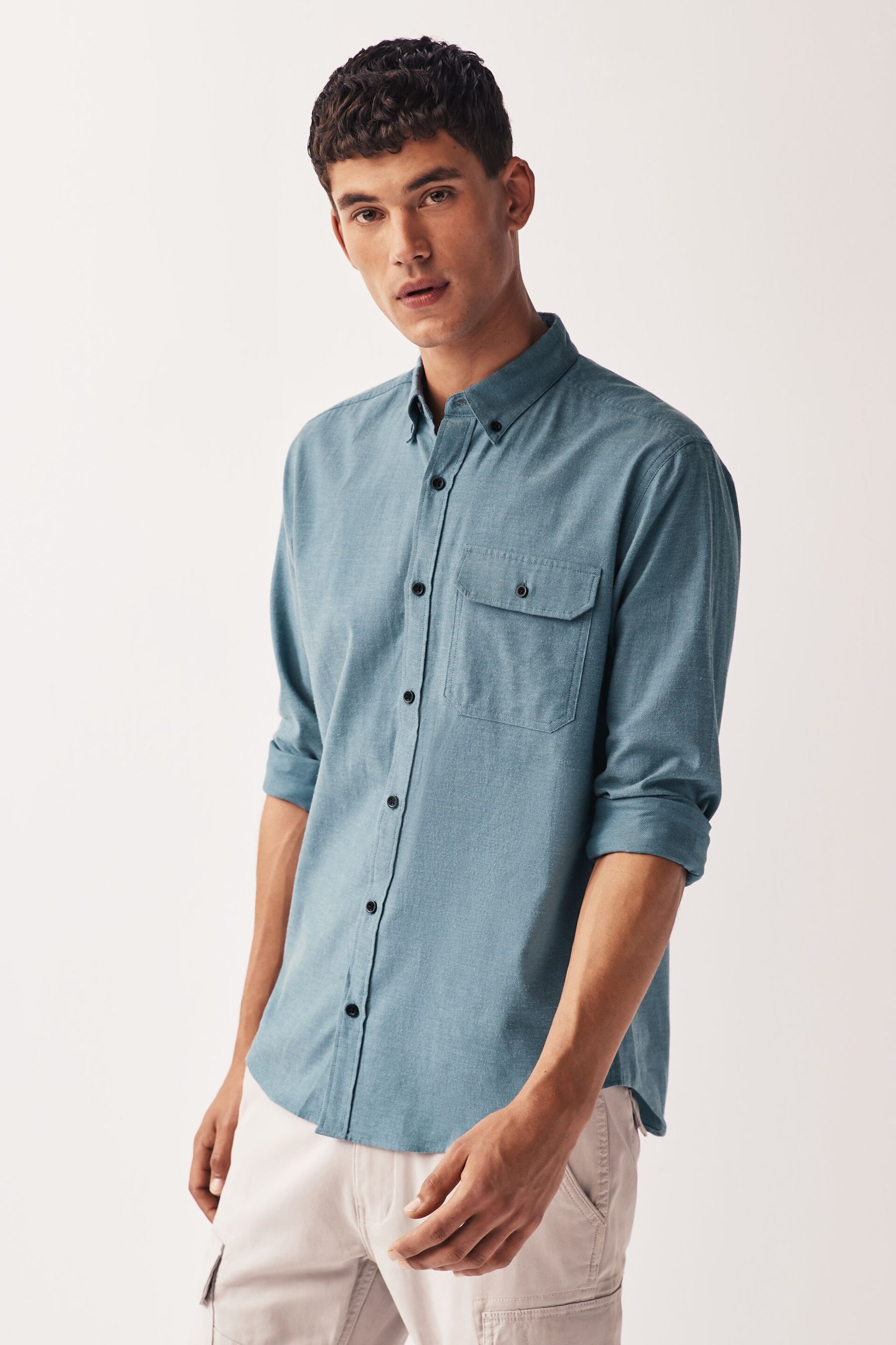 Blue Textured Oxford Long Sleeve Shirt - Image 1 of 9