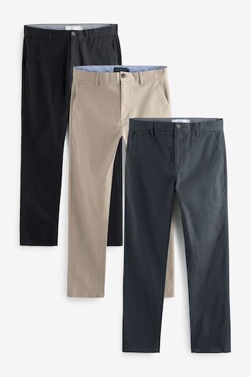 Black/Grey/Stone Slim Stretch Chinos Trousers 3 Pack