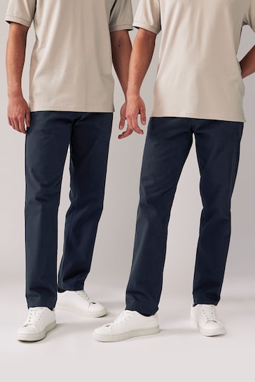 Navy Blue Straight Stretch Chinos Trousers 2 Pack
