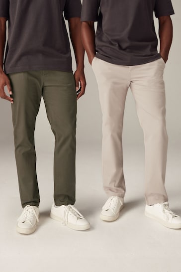 Light Stone/Mushroom Brown Straight Stretch Chinos Trousers 2 Pack