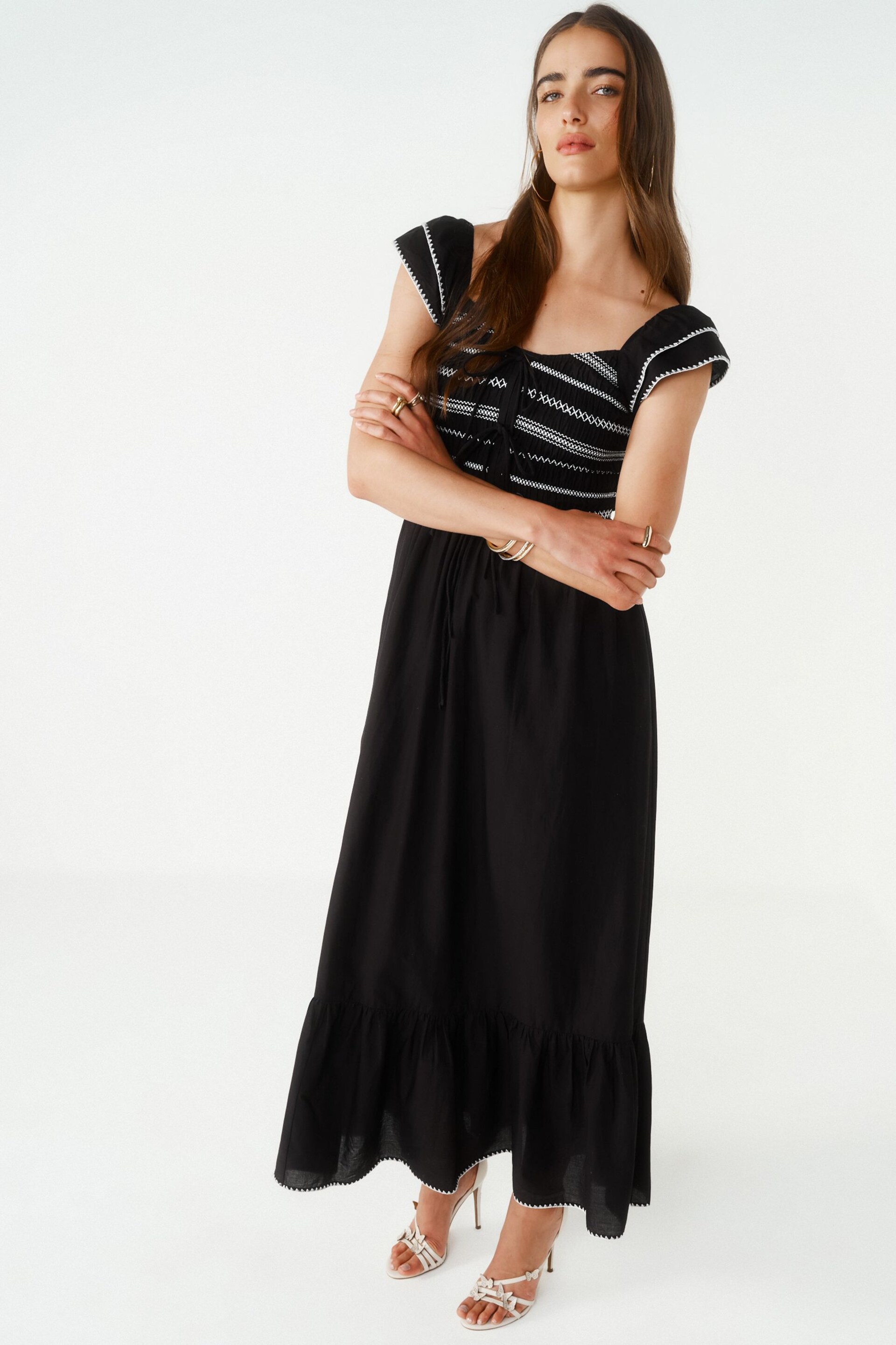 Black Shirred Cotton Midi Dress - Image 1 of 6