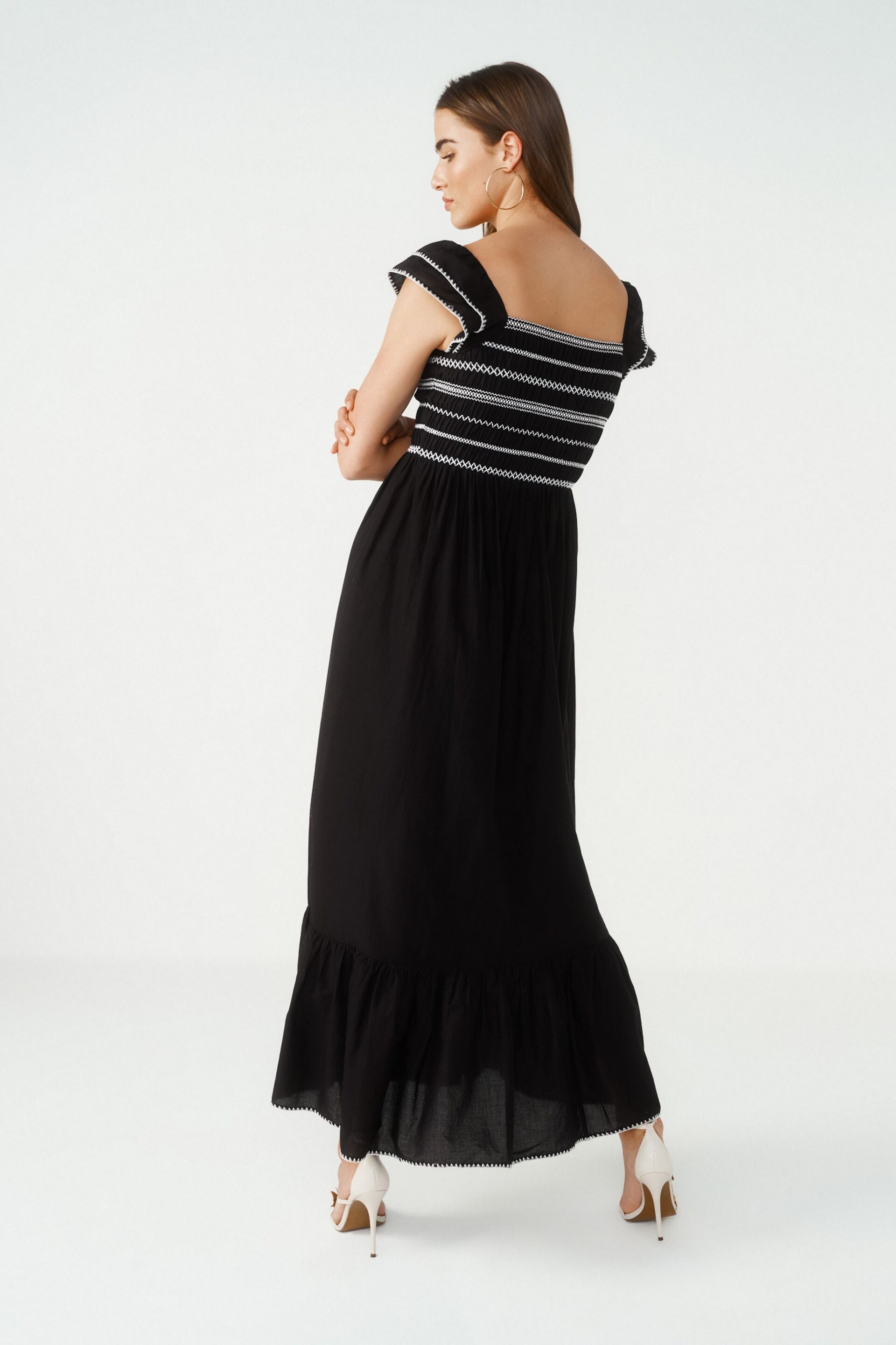 Black Shirred Cotton Midi Dress - Image 3 of 6