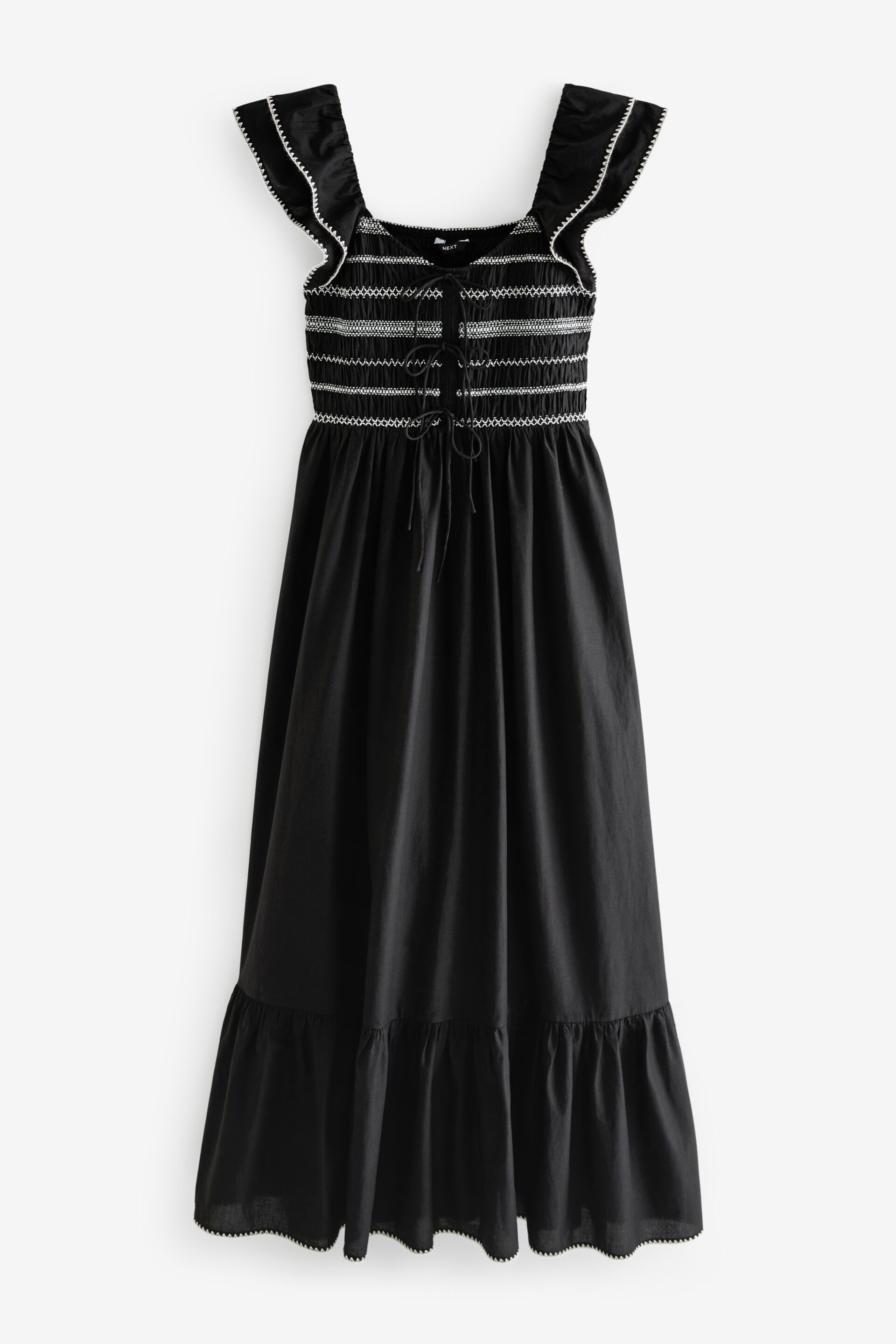 Black Shirred Cotton Midi Dress - Image 5 of 6