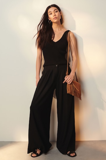 Black Superwide Pleated Trousers With Linen