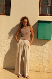 Natural Superwide Pleated Trousers With Linen - Image 1 of 6