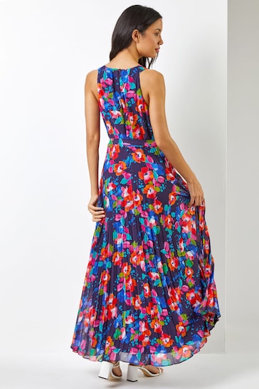Roman Blue Floral Print Pleated Maxi Dress