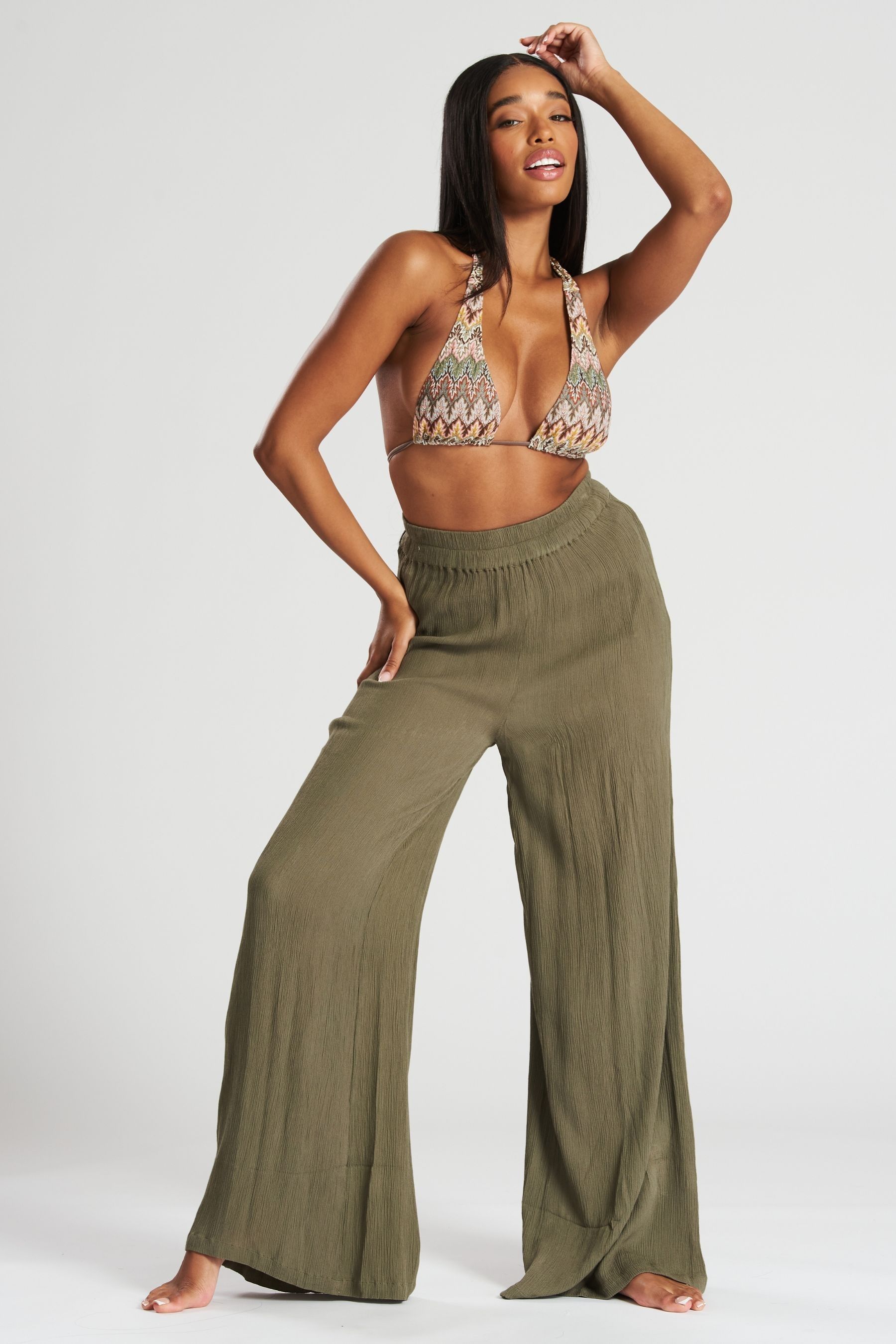 Buy South Beach Green Crinkle Vicose Wide Leg Trousers from the Next UK online shop