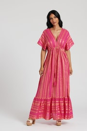 South Beach Pink 100% Cotton Metallic Jacquard V-Neck Maxi Dress - Image 4 of 5