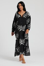 South Beach Black 100% Cotton Palm Emboridered Maxi Dress - Image 1 of 4