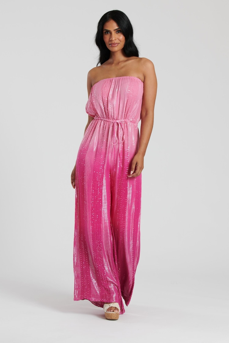 South Beach Pink Ombre Metallic Strapless Jumpsuit - Image 1 of 4