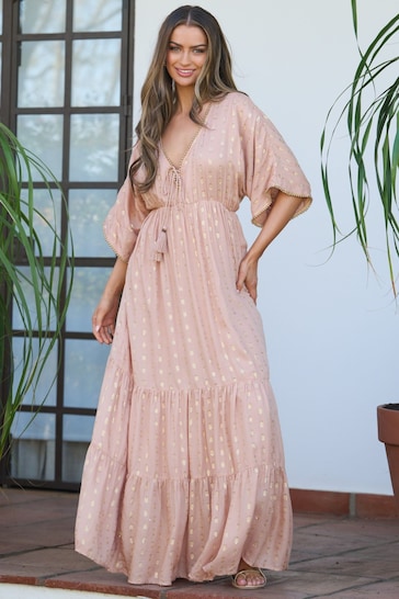 South Beach Brown Metallic Jacquard Spot Tiered Maxi Dress