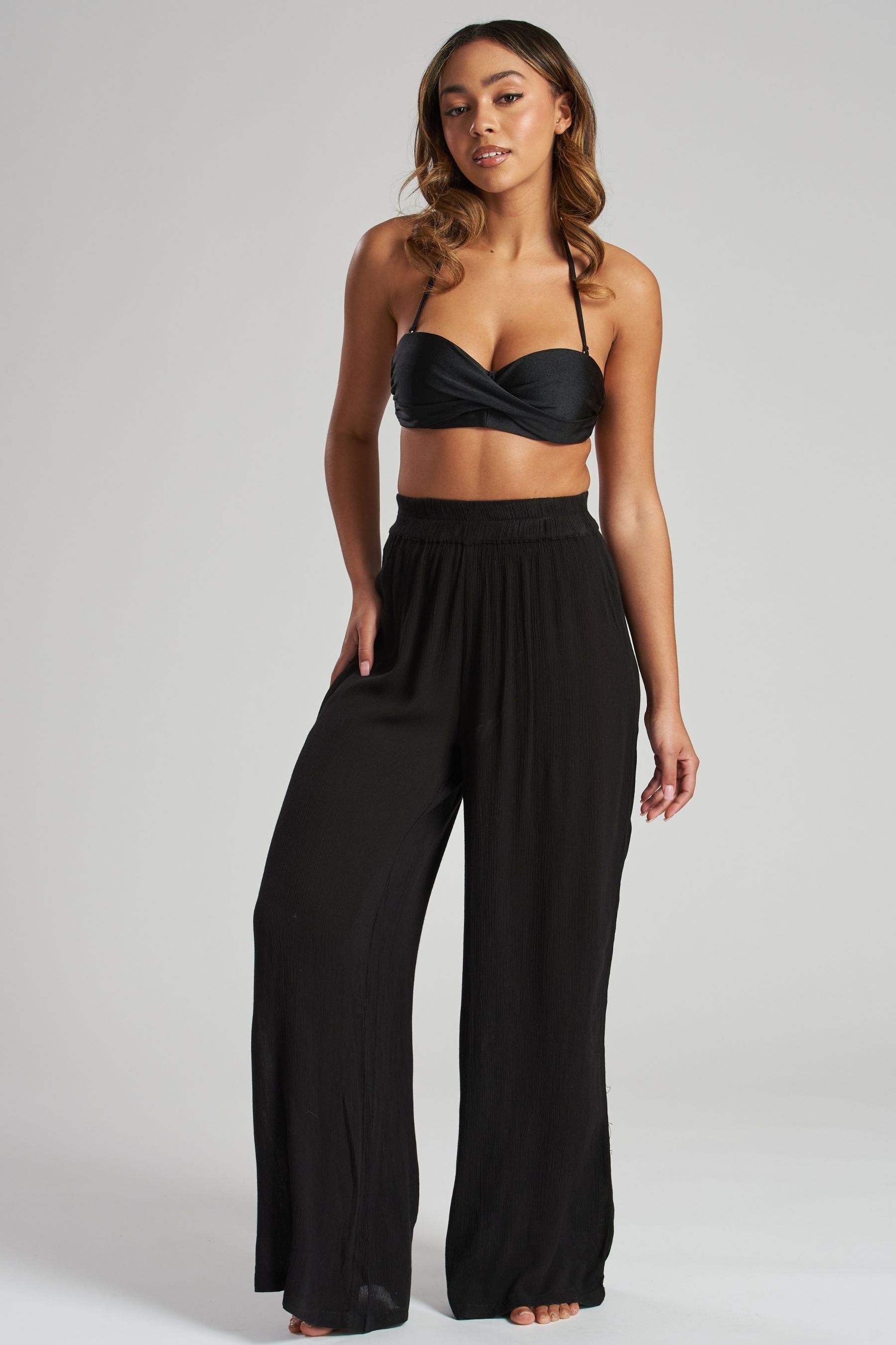 Buy South Beach Black Crinkle Vicose Wide Leg Trousers from the Next UK online shop