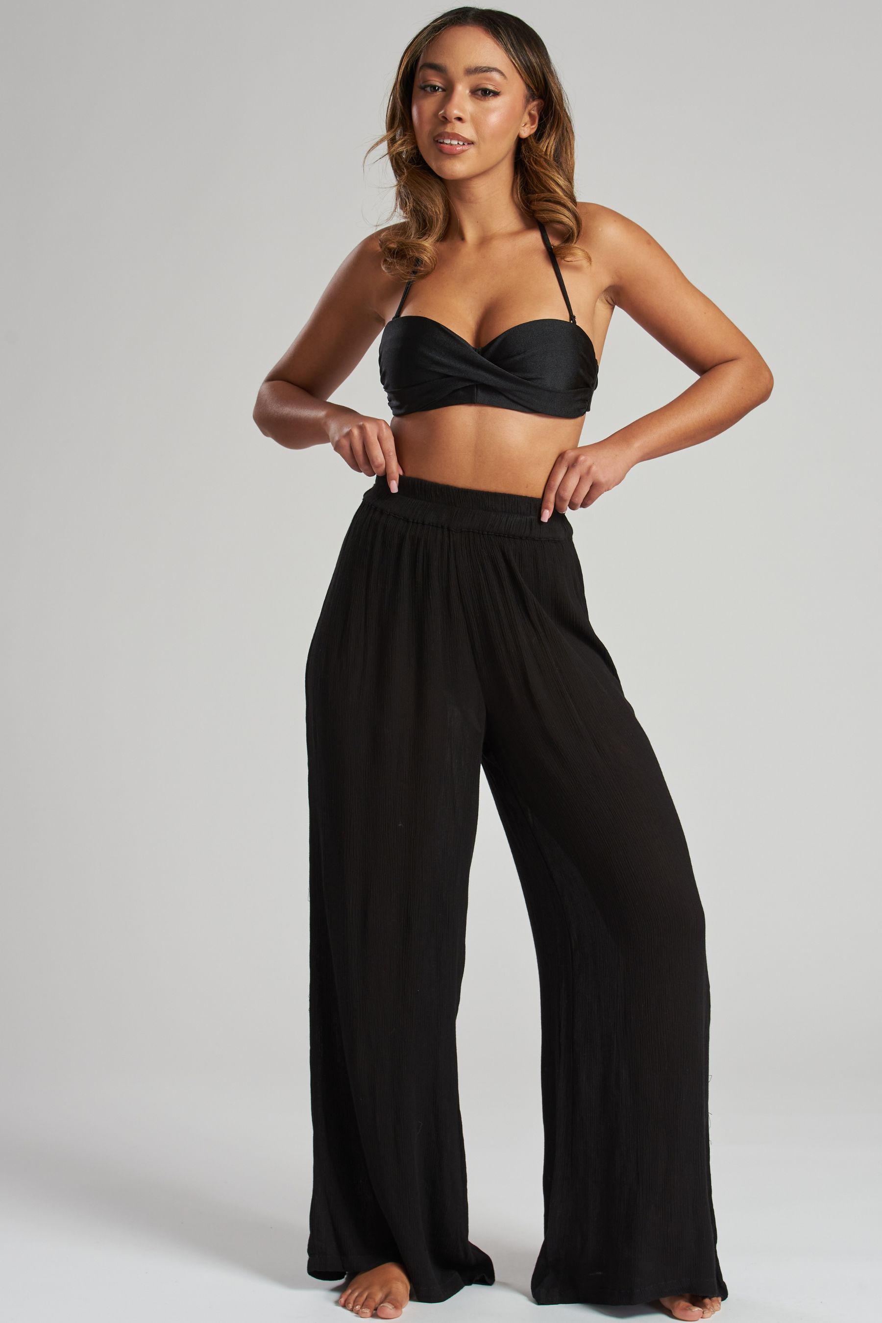 Black crinkle wide leg trousers outlet
