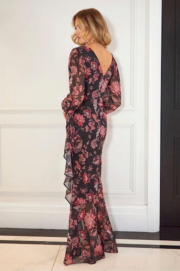 Sistaglam Black Maxi Floral Sleeve Chiffon Dress With Frill Hem