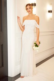 Sistaglam White Bardot Embellished Bridal Fishtail Maxi Dress - Image 1 of 5