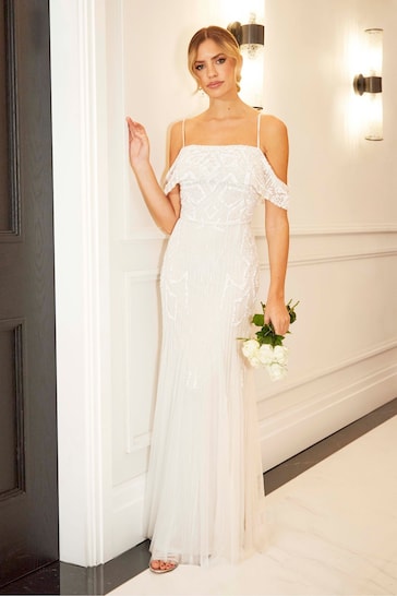 Sistaglam White Bardot Embellished Bridal Fishtail Maxi Dress